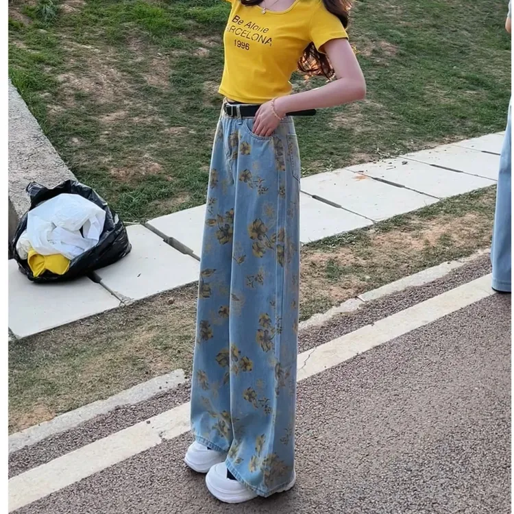 8003高腰印花设计夏季爆款直筒牛仔拖地裤
