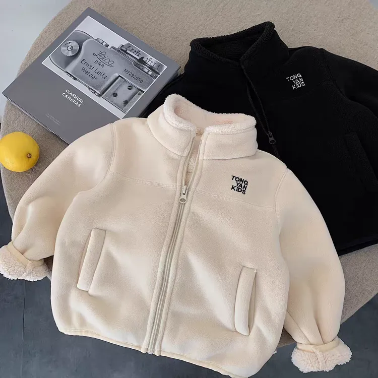儿童韩版加绒立领外套2025年冬季新款童装男女童字母刺绣休闲上衣