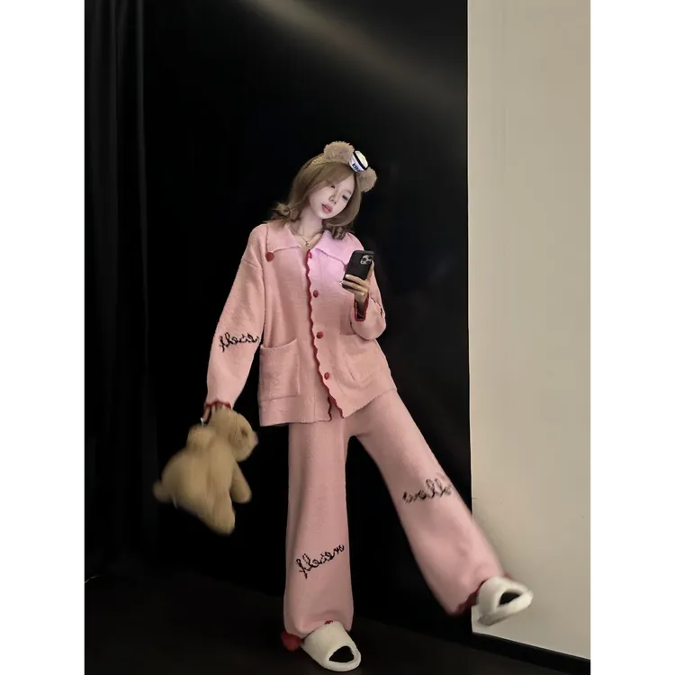 韩版少女设计感半边绒睡衣女秋冬新款加绒加厚保暖家居服套装外穿