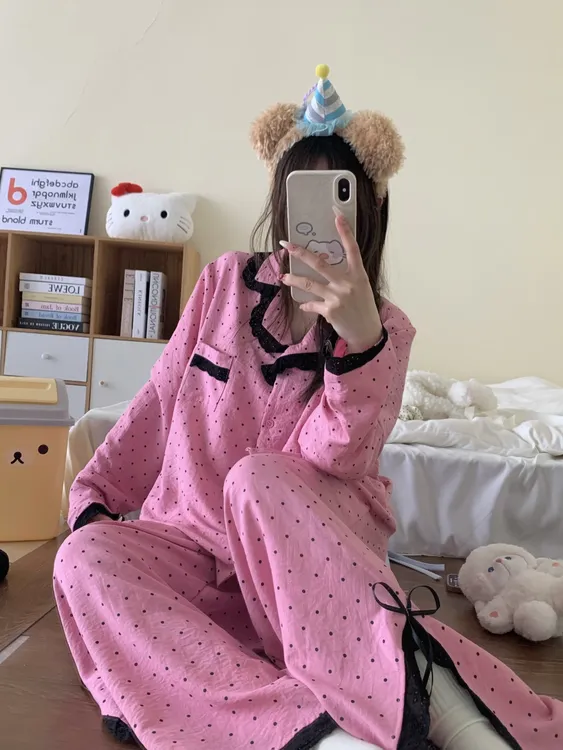 大码棉绸睡衣女春秋款2025新款纯欲长袖蕾丝边家居服长裤套装秋季