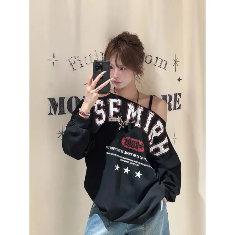 美式复古字母长袖卫衣女2025早秋新品斜肩大版宽松显瘦卫衣上衣潮