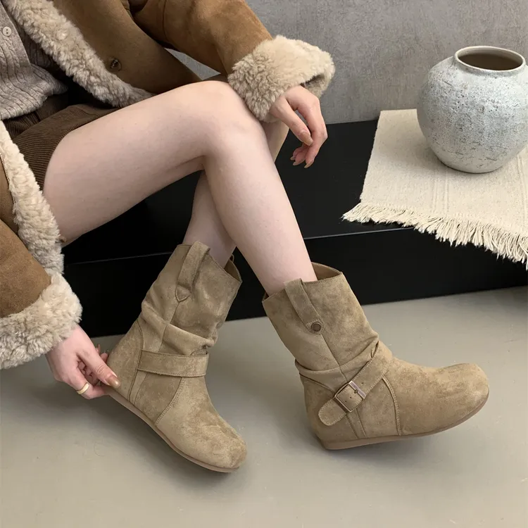 内增高复古短靴女2025新款短筒勃肯褶皱堆堆靴皮带扣英伦风马丁靴