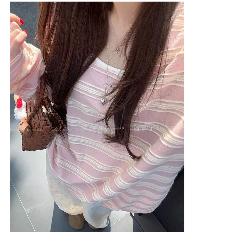 韩版条纹ins圆领宽松长袖T恤女设计感秋冬不起球显瘦撞色薄款上衣