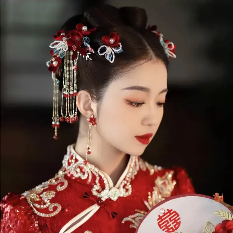 中式新娘古装发饰婚礼秀禾服酒红色绒布花朵小清新古典结婚头饰品