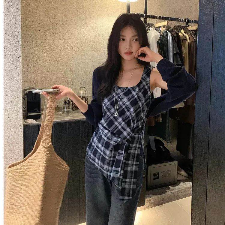 时尚套装套装韩版拼接百搭时尚蓝色复古小众长袖