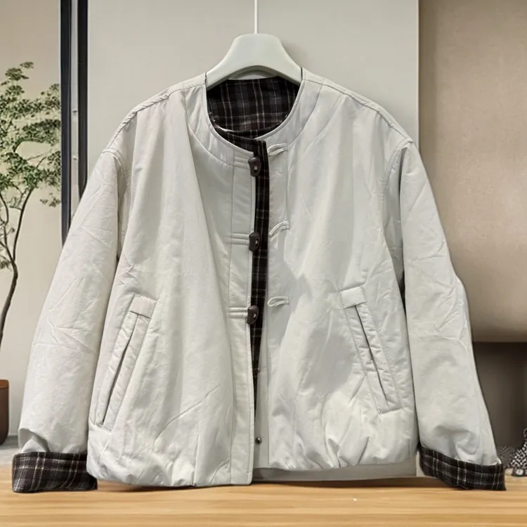 欧版宽松显瘦纯色棉外套女早秋新款高级感格子拼接轻薄夹棉棉衣潮