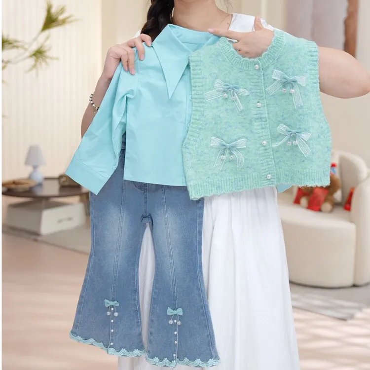 【薄荷】女童秋季欧若风套头少女风春秋套装女孩马甲三件套QD50078