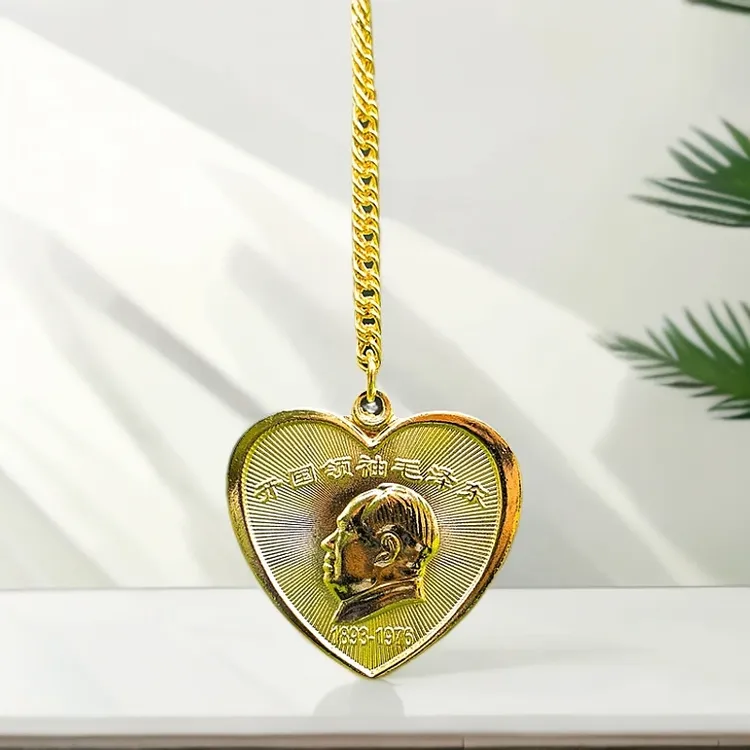 伟人韶山留念头像金色项链心型吊坠男女服饰配饰礼品铁合金带链