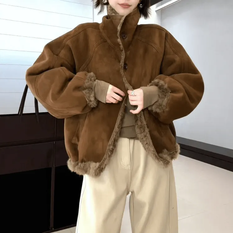 高级感复古毛毛领外套女冬季宽松百搭气质加厚加绒保暖短夹克上衣