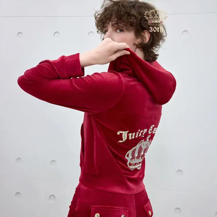 【30周年限定】Juicy Couture橘滋弹力天鹅绒珠片绣花截断短款连帽外套女