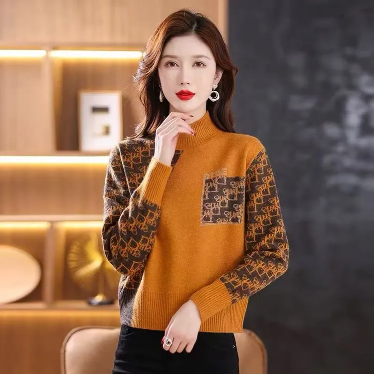 秋冬新款双面芝麻点提花烫钻字母休闲百搭宽松针织套头毛衣女1473