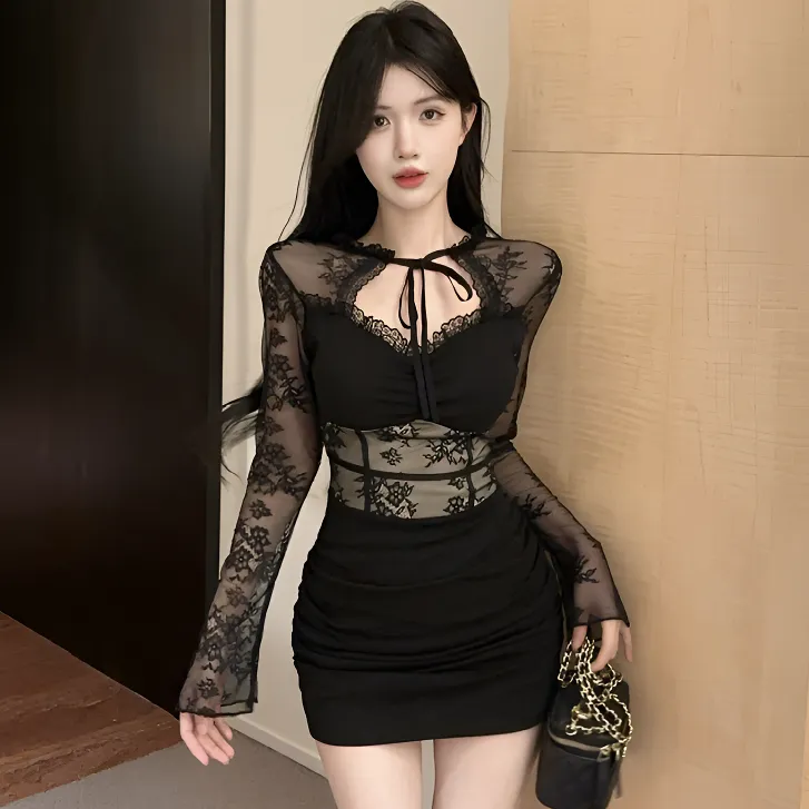 辣妹风网纱拼接蕾丝钩花系带镂空长袖连衣裙纯欲气质修身包臀裙