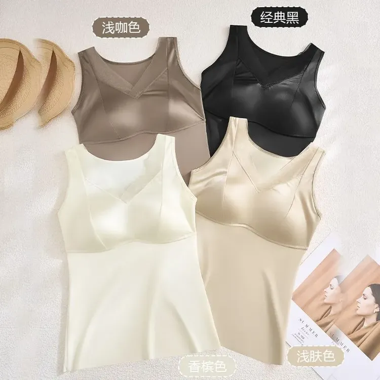 网纱拼接缎面打底背心带胸垫一体式无痕夏季薄款透气大码吊带内衣