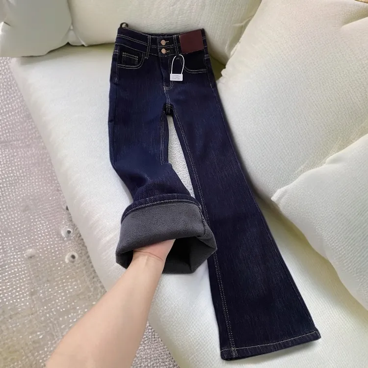 拉夏贝尔高腰加绒微喇牛仔裤女2025秋冬新款小个子显瘦修身马蹄裤