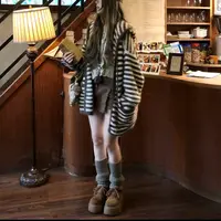 【百分百山羊绒】255535秋冬拉绒款咖色条纹连帽款羊绒开衫慵懒显瘦