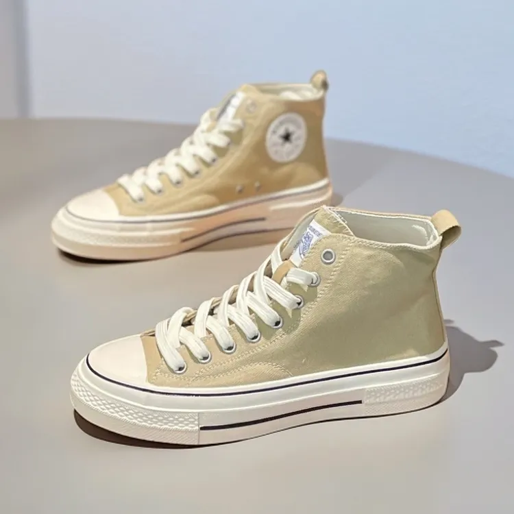 心芘女士布鞋夏季薄款新款高帮帆布鞋平底系带百搭休闲运动板鞋潮