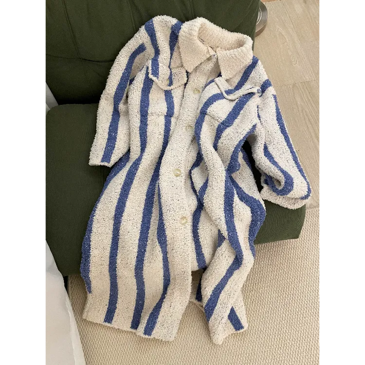 法式复古条纹针织半边绒睡袍女秋冬新款晨袍加厚浴袍家居服睡衣女