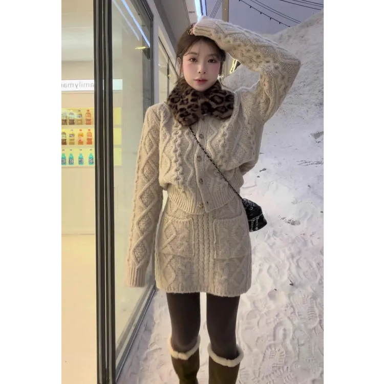 parkyeon东大门定制麻花纽扣针织开衫高腰半身裙两件套