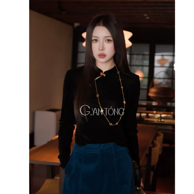 G. yantong/郭彦彤国风斜襟丝绒打底衫上衣女冬款显瘦DD1232