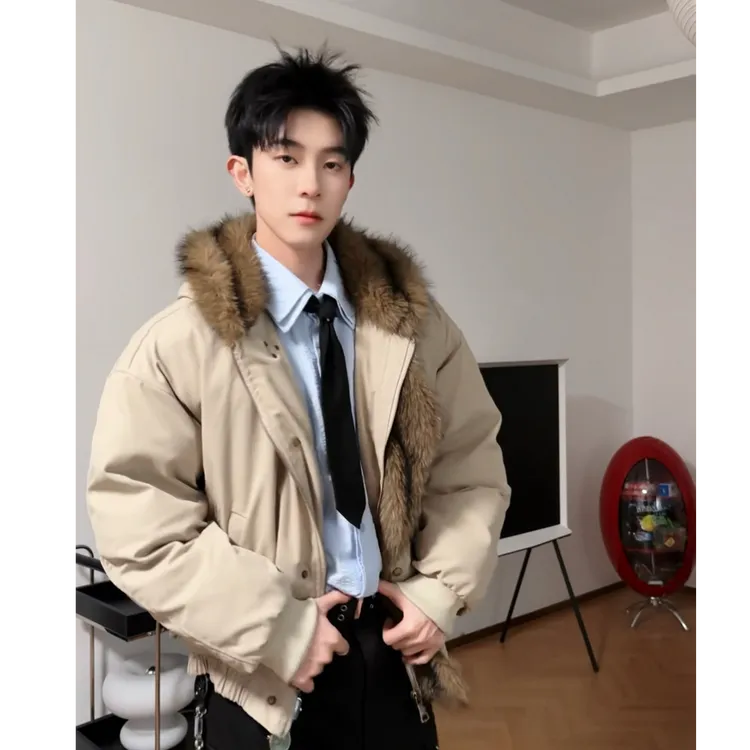 QIUYIDAODI飞机扣座山雕毛领棉衣男女秋冬美式加厚保暖棉服外套