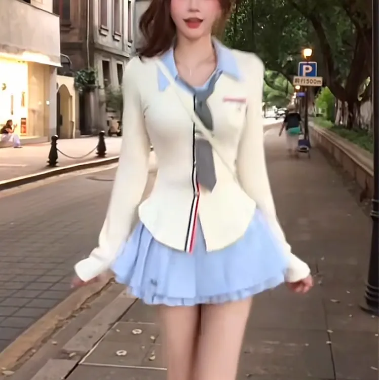 秋季学院风JK制服套装甜美辣妹假两件POLO领衬衫百褶短裙两件套女