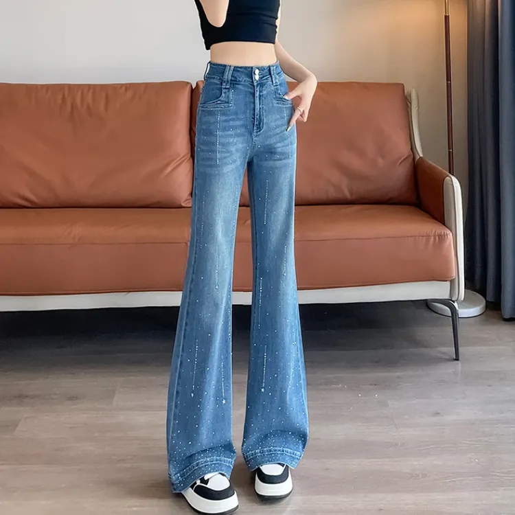 不吸腿喇叭阔腿裤女2025秋季烫钻设计感满天星高腰宽腿牛仔拖地裤