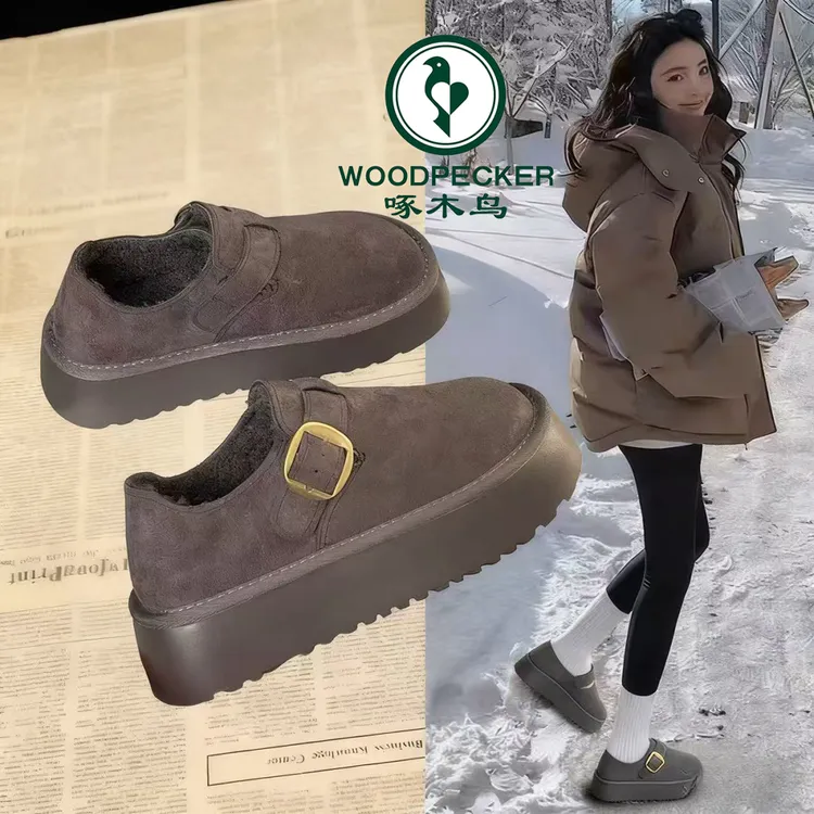 啄木鸟厚底加绒勃肯鞋女2025新款冬外穿一脚蹬雪地靴增高保暖棉鞋