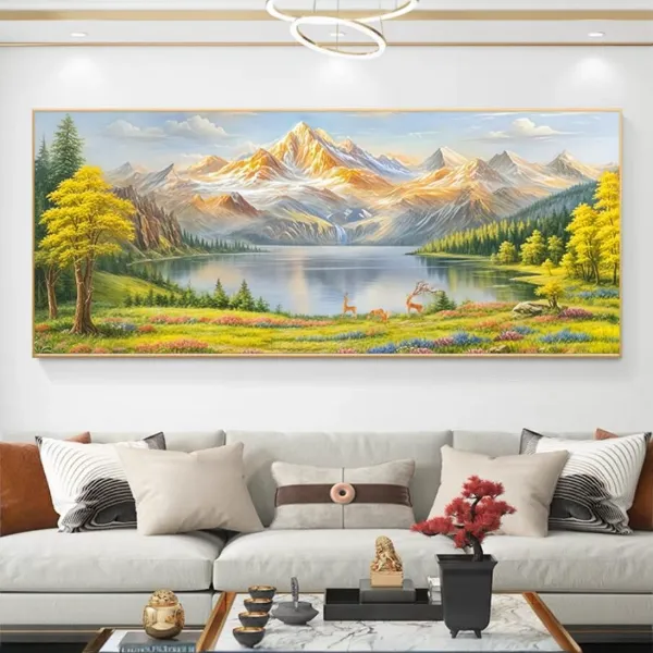 聚宝盆金山福禄沙发背景墙山水挂画客厅横幅画平面客厅背景墙挂画