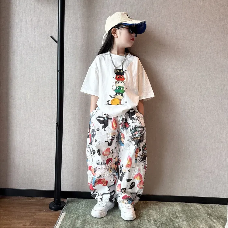 男女童夏季潮酷个性满印棉布灯笼裤中大童百搭宽松T恤短袖潮