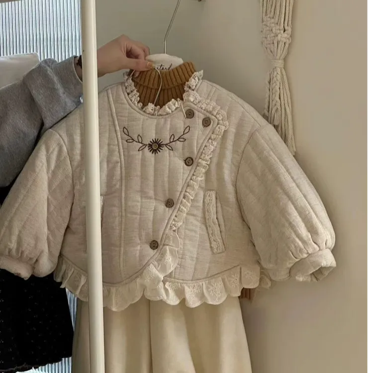 女童棉服冬季2025新款儿童韩版蕾丝花边刺绣加厚外套女孩保暖棉衣