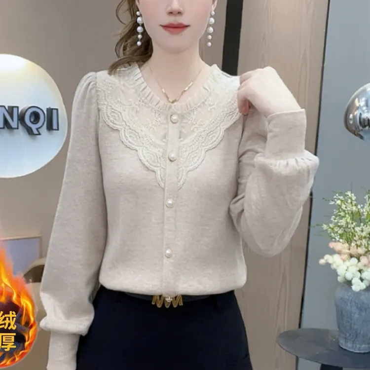 2025早秋潮流洋气时尚休闲百搭T恤上衣女蕾丝拼接领口打底女