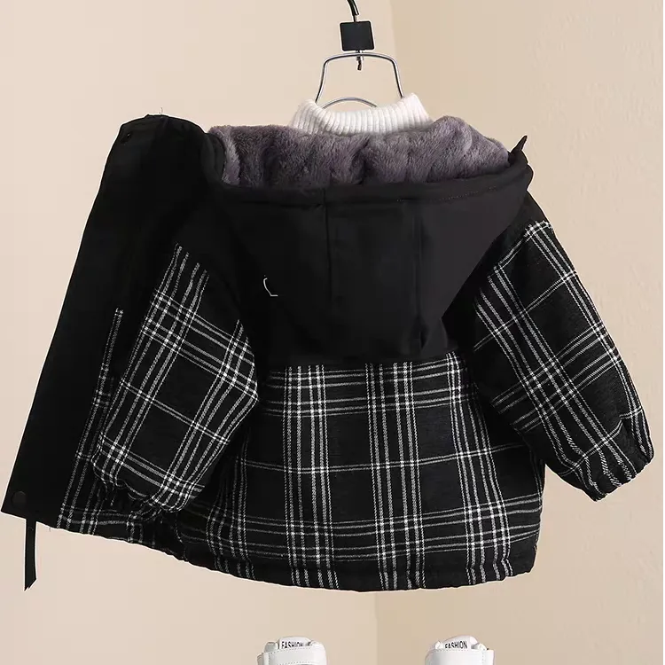 男童加绒夹棉外套冬款2025新款中小童加厚休闲风格子宝宝连帽棉袄