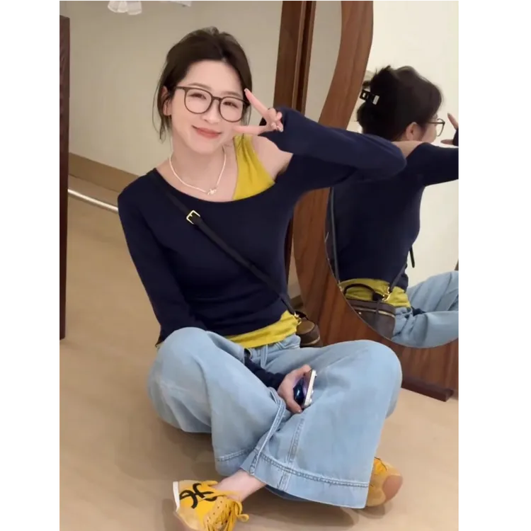 Not defined韩系拼接撞色假两件T恤女春季设计感时尚修身显瘦上衣
