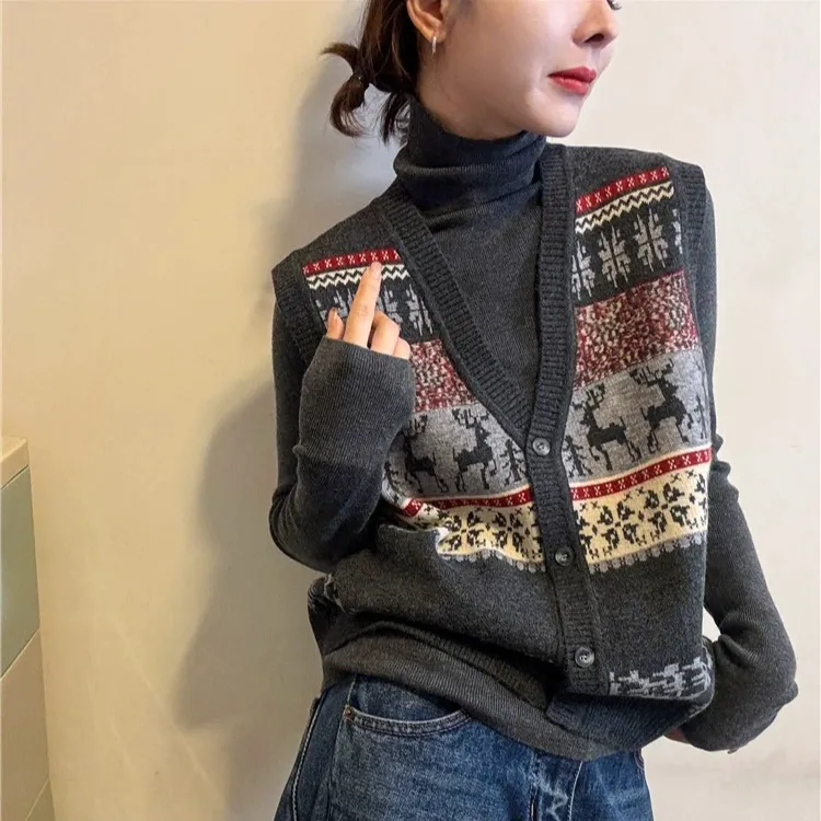 MEIZHENZI【费尔岛】超细绵羊毛打底衫+提花马甲两件套女秋冬毛衣