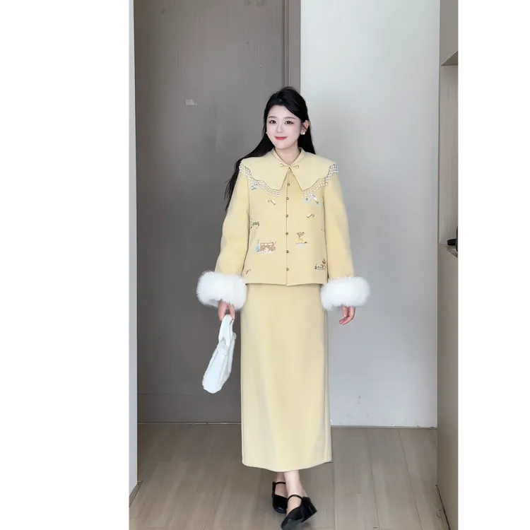 【兰亭月】秋冬大码女装新中式国风毛呢加厚外套+半身裙套装DM33286