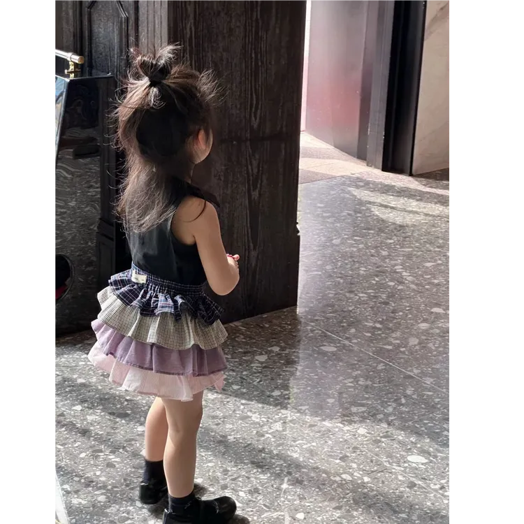 小惜亦女童2025夏季新款韩版黑色翻领无袖背心拼接蛋糕裙洋气休闲