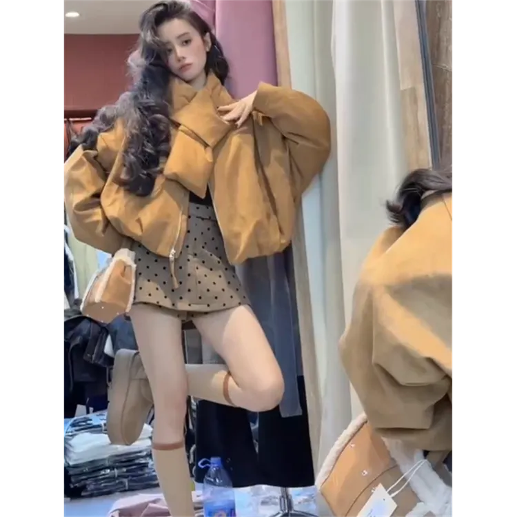 美式复古带围脖小个子短款拉链外套女秋冬新款波点显瘦短裙两件套