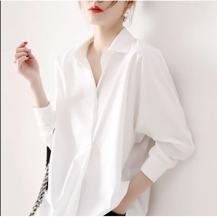 La Chapelle/拉夏贝尔秋季女单排扣宽松设计感纯色长袖衬衫上衣