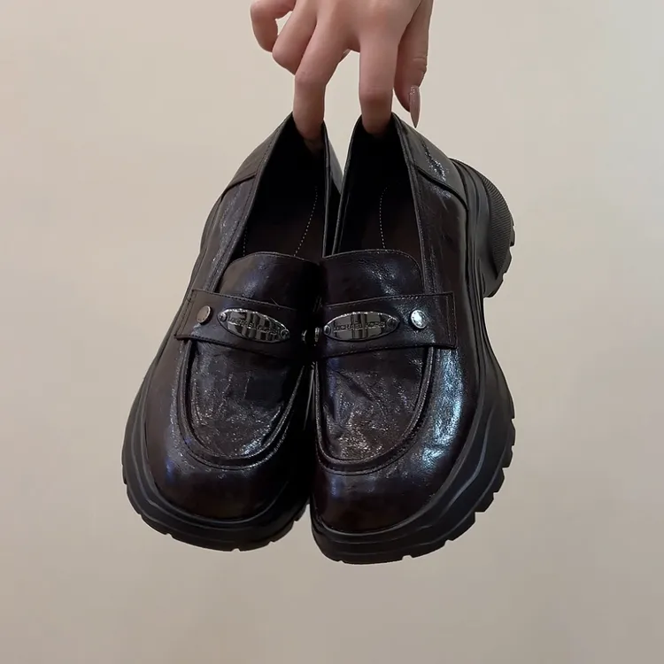 RubyL/5.5cm复古风手抓纹金属扣百搭一脚蹬圆头运动厚底单鞋女款