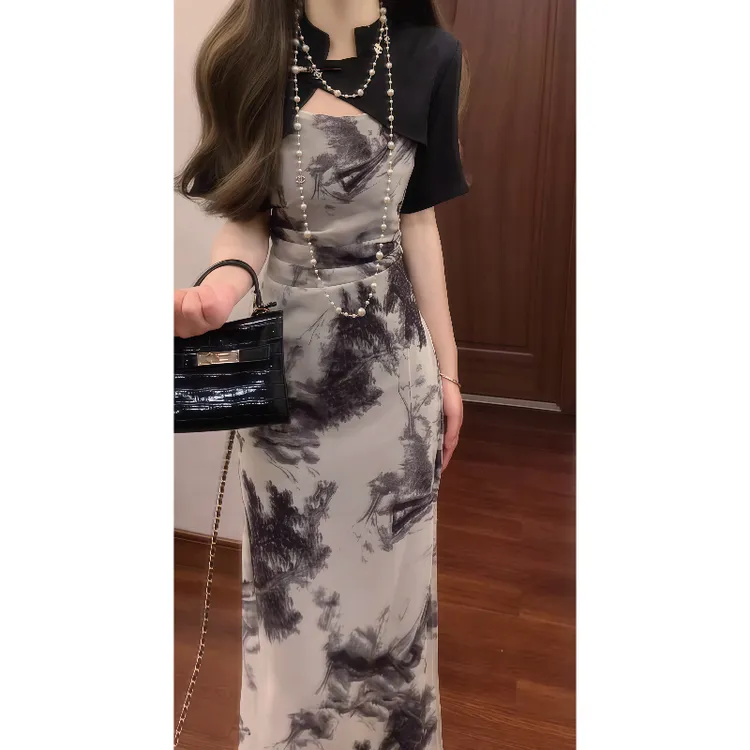 新中式国风水墨印花改良旗袍连衣裙吊带裙&提花坎肩两件套9325