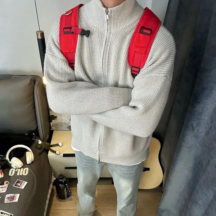 美式复古开衫针织衫男秋季老钱风长袖双拉链立领男生编织毛衣外套