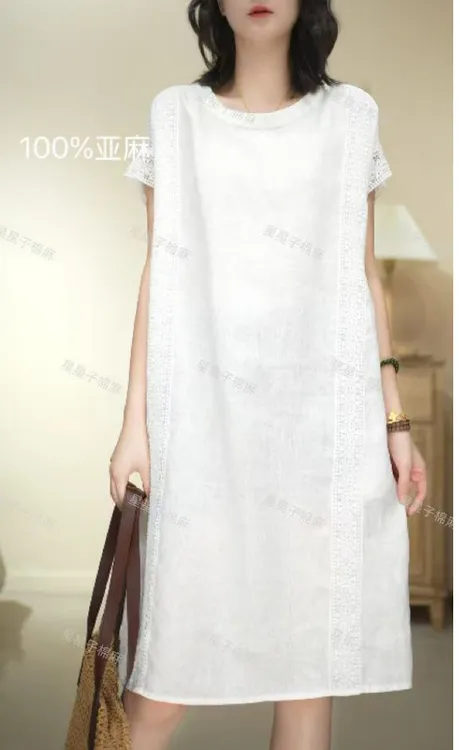 纯亚麻连衣裙A字裙外穿百搭气质休闲圆领无袖夏季拼接镂空