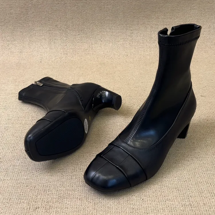 RubyL/4.5cm小众设计感简约通勤百搭侧拉链方头粗跟瘦瘦靴女款