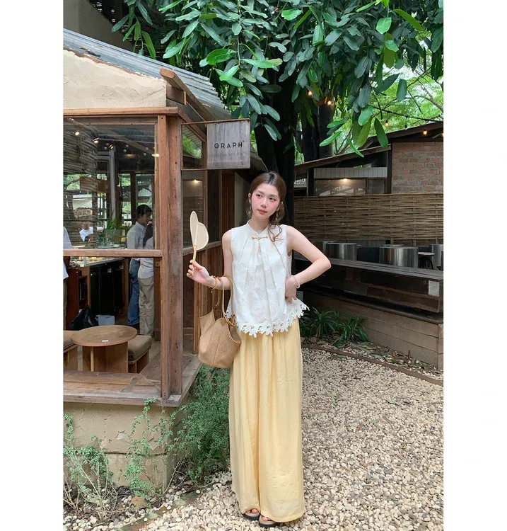 【山茶梨香】夏季新中式气质套装马甲上衣高腰显瘦阔腿裤时尚两件套