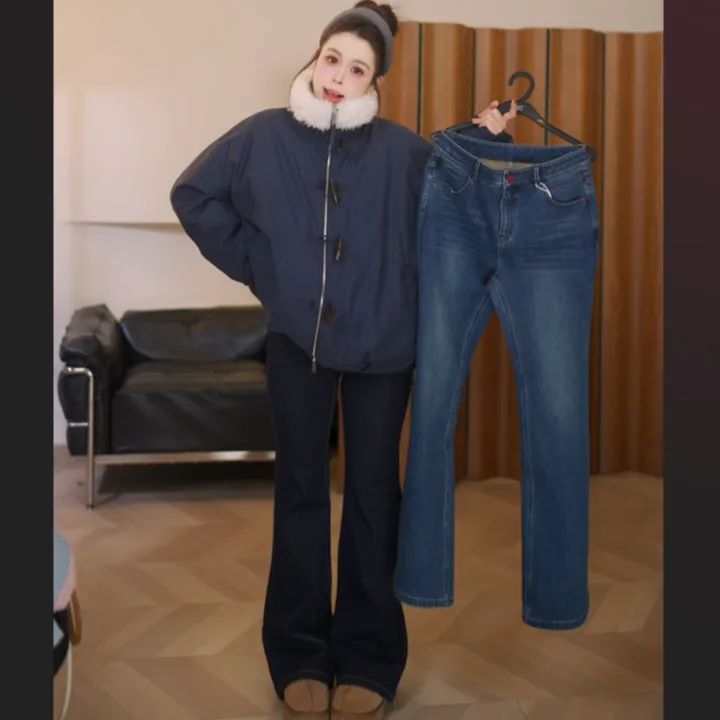 晶咕撞色扣弹力紧身喇叭牛仔裤