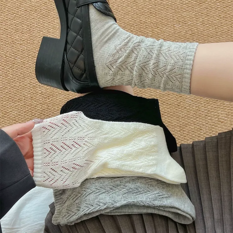 堆堆袜子女夏季薄款镂空网眼透气中筒袜棉袜简约百搭外穿长筒袜