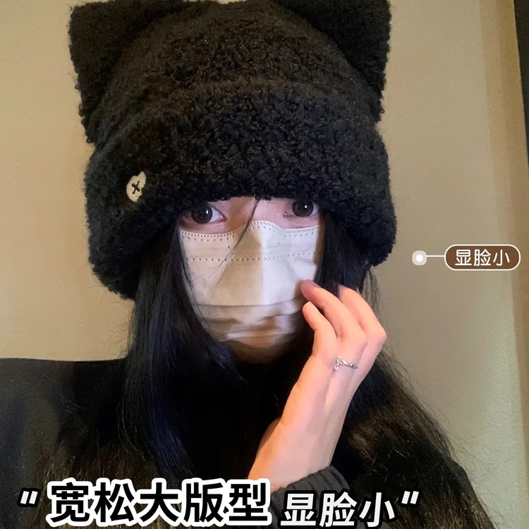 毛绒猫耳毛线帽女秋冬大头围加厚保暖韩版针织帽可爱百搭护耳冷帽
