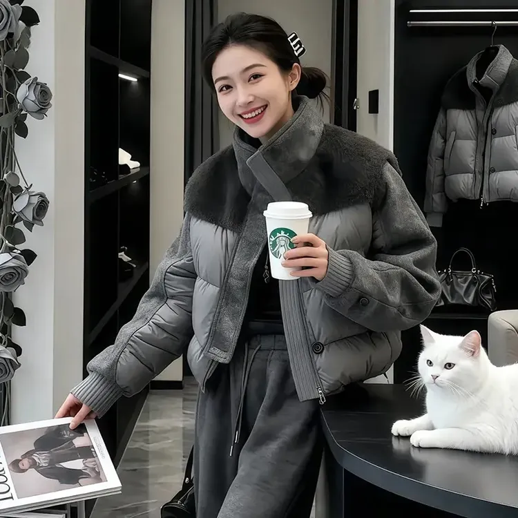 高级感立领拼接棉衣外套冬季2025新款宽松时尚保暖棉服
