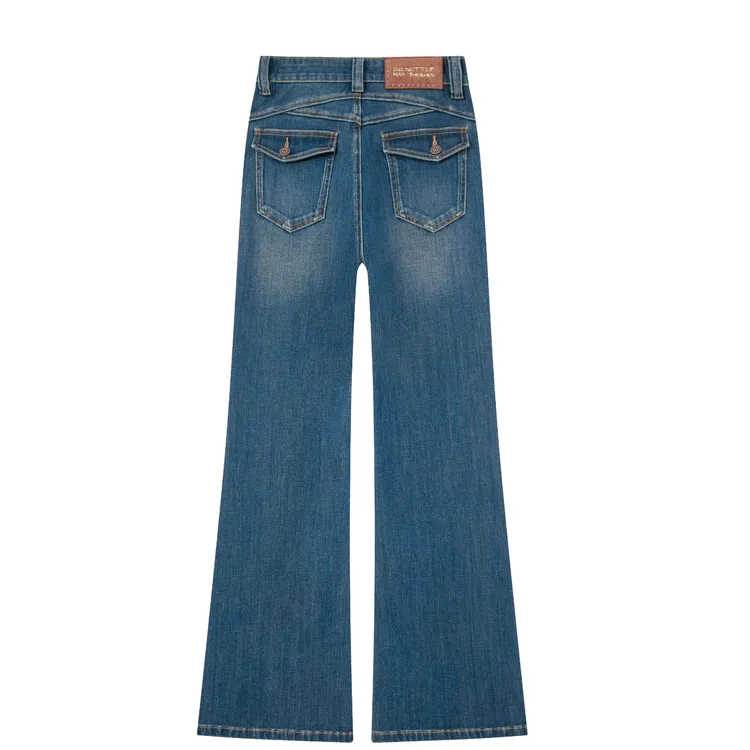 新款筒喇裤.复古绿色系高腰牛仔裤女时尚百搭喇叭裤