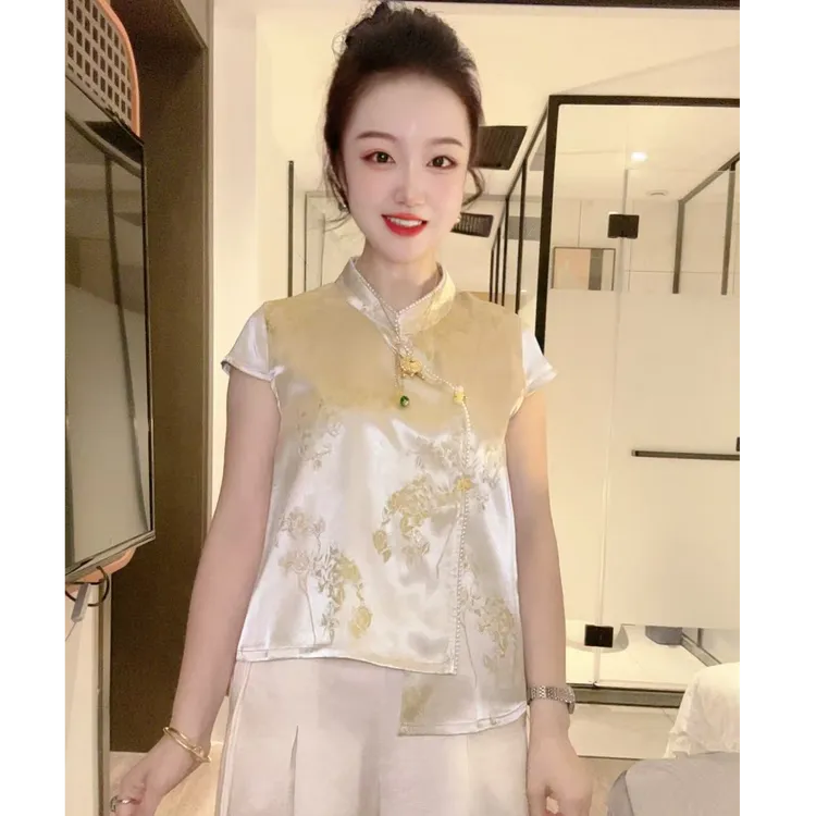 【星儿专属】提花新中式宽松型国风气质透气显瘦百搭马甲短袖上衣